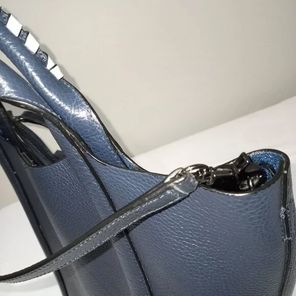 BOKTIER NAVY BLUE LEATHER BUCKET BAG WITH CROSSBODY DETATCHABLE STRAP